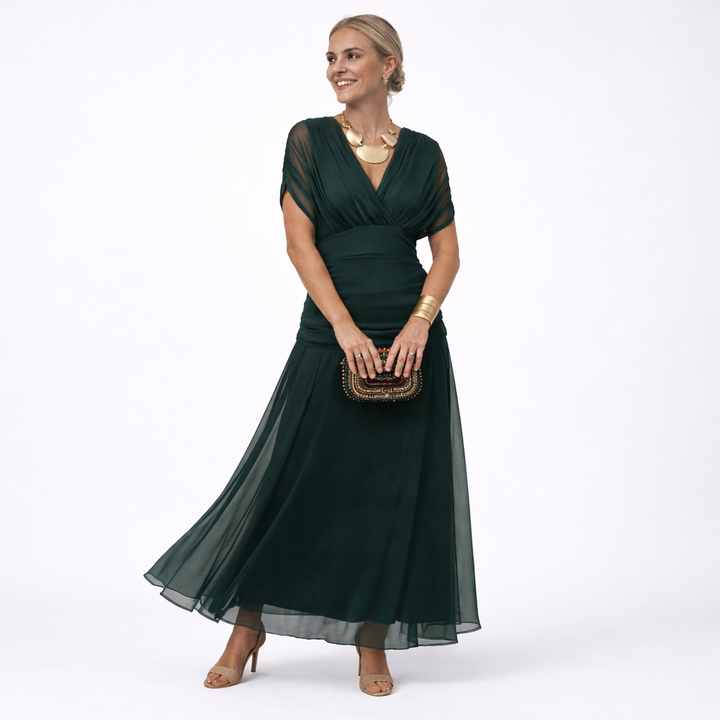 Elegantes Maxikleid mit V-Ausschnitt und Taillenfalten