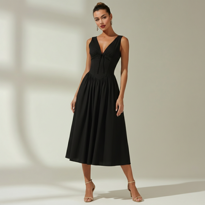 Stilvolles Midikleid mit tiefem V-Ausschnitt und ausgestelltem Rock