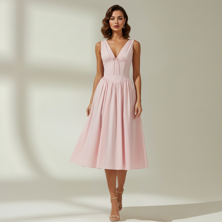 Stilvolles Midikleid mit tiefem V-Ausschnitt und ausgestelltem Rock