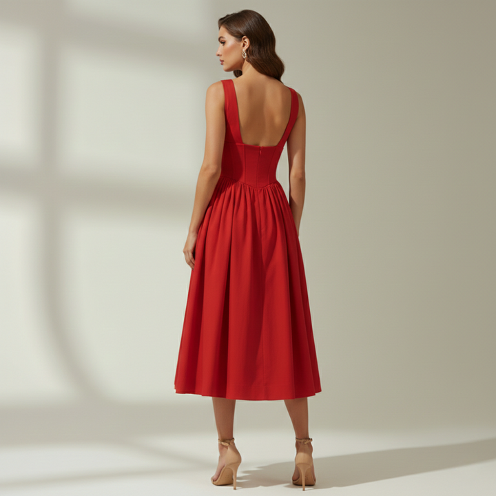 Stilvolles Midikleid mit tiefem V-Ausschnitt und ausgestelltem Rock