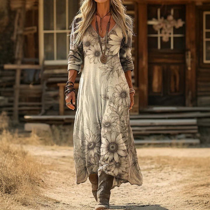 Elegantes Vintage-Kleid mit Blumendruck und V-Ausschnitt